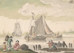 前景に6人の人物がいる海の風景、1733-93年。 作： Nicolaas Aartman