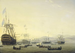 1816 年 8 月 26 日のアルジェ砲撃の前に、エクスマウス卿が指揮する「クイーン シャーロット」に乗った戦争評議会 1816 年 8 月 26 日から 27 日までのアルジェ湾での英蘭艦隊のプレゼンス中の 4 つのエピソード (シリーズ タイトル) 作： Nicolaas Baur