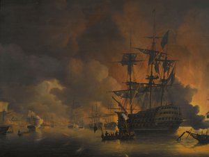 1816 年 8 月 27 日、英蘭艦隊による砲撃開始直後のアルジェ埠頭での火災 1816 年 8 月 26 日から 27 日までのアルジェ湾での英蘭艦隊のプレゼンス中の 4 つのエピソード (シリーズ タイトル) 作： Nicolaas Baur
