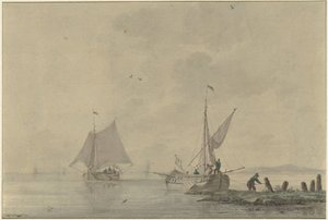 係留船のある静かな内陸水路 作： Nicolaas Wicart