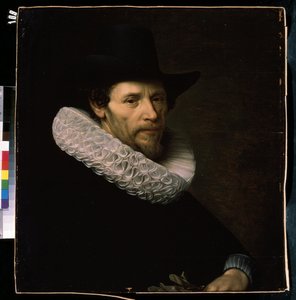 ""黒い帽子をかぶった男の肖像" これはラフと帽子をかぶったオランダの著名人です。 Nicolas Eliasz (1591-1655) による絵画 17 世紀 Mikhail Kroshitsky Art Museum、Sevastopol (Sevastopol) Ukr 作： Nicolaes Eliasz