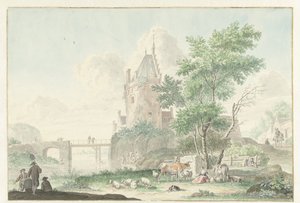 人物と牛のいる夏の風景