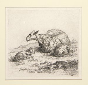 羊飼いと羊、いわゆる女性と一緒に羊のセットからのエッチング2枚 作： Nicolaes Berchem