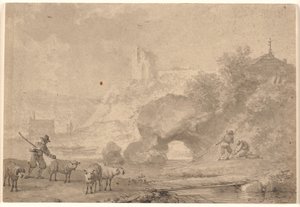 南部の川の風景の中の羊飼いと漁師 作： Nicolaes Berchem