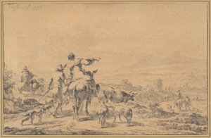 イタリアの風景の中の牧夫 作： Nicolaes Berchem