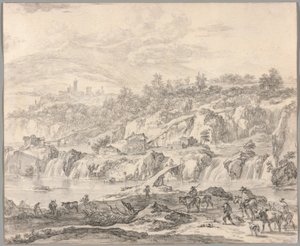 滝と橋のある風景、前景に農民 作： Nicolaes Berchem