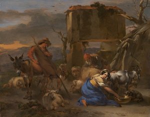 ヤギの乳搾りをしている羊飼いの牧歌的なシーン、166570。 作： Nicolaes Berchem