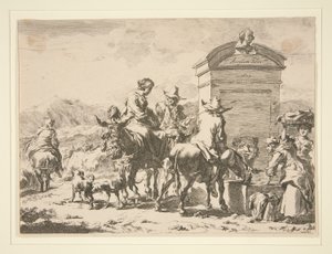 無題 - ロバと墓石に乗った人々のジャンル シーン 作： Nicolaes Berchem