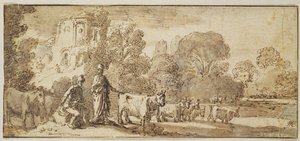 水銀とアーガスと牛の群れ（紙にペンとインク） 作： Nicolaes Cornelisz Moeyaert