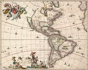 アメリカ大陸の海図 1671年頃（彩色エングレーヴィング） 作： Nicolaes Jansz (1586 1652) Visscher