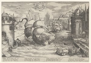 ダミアーテを連れて鎖を渡る、1219年 作： Nicolaes Jansz. Clock