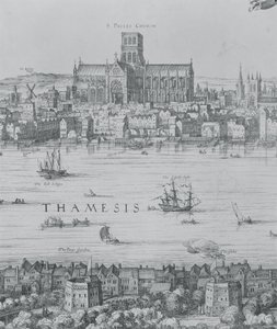 ロンドンとテムズのパノラマ、セントポール大聖堂とグローブ座を示すパート2の詳細、c.1600の7214の彫刻の詳細 作： Nicolaes Jansz Visscher