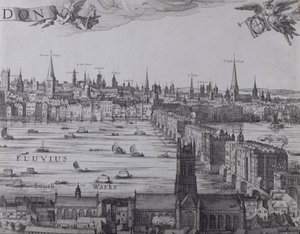 ロンドンとテムズ川のパノラマ、パート3、サザーク、ロンドンブリッジ、市内の教会、1600年頃（7214、64730および64732も参照） 作： Nicolaes Jansz Visscher