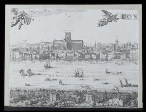 ロンドンとテムズ川のパノラマ、第2部、セントポール大聖堂とグローブ座、c。 1600（64730-32も参照）（詳細は92085を参照）