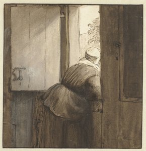 ドアの下に寄りかかる女性 作： Nicolaes Maes (possibly)