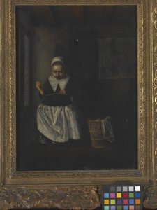 裁縫する少女（木に油彩） 作： Nicolaes Maes