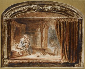 ジョセフが木を切る聖家族 作： Nicolaes Maes