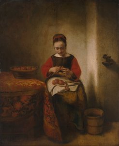 若い女性の皮をむくリンゴ、ca。 1655年。 作： Nicolaes Maes