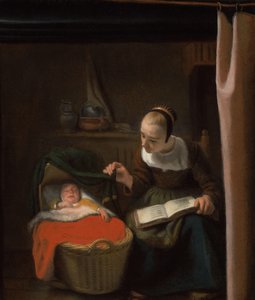 ゆりかごにいる若い女性 作： Nicolaes Maes