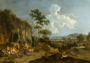 イタリアの風景 (または労働者の昼食) 作： Nicolaes Pietersz (follower of) Berchem