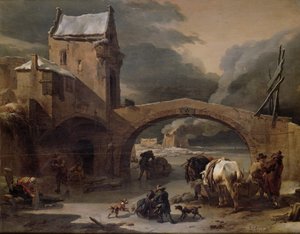 凍った運河に農民と馬がいる冬の風景、要塞化された橋のそば、1660-70年頃（パネルに油彩 作： Nicolaes Pietersz. Berchem