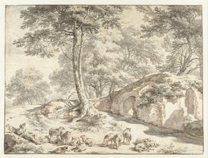 木々の間の廃墟で羊を連れた羊飼い 作： Nicolaes Pietersz Berchem