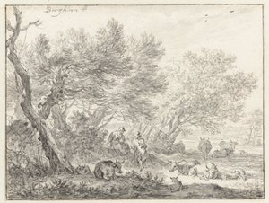 木の群れの近くの羊飼いと牛 作： Nicolaes Pietersz Berchem