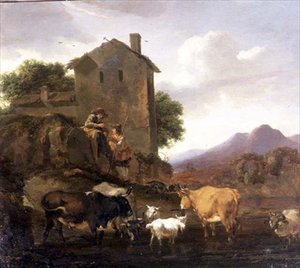 牛やヤギを連れたハーズマン 作： Nicolaes Pietersz. Berchem