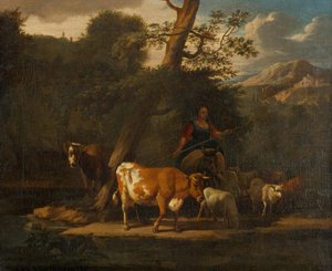 木の下で牛と羊飼いの女 作： Nicolaes Pietersz. Berchem