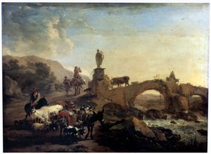 小さな橋のあるイタリアの風景、1656 作： Nicolaes Pietersz. Berchem