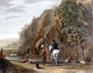 人物と馬が道を歩くイタリア風風景画 作： Nicolaes Pietersz. Berchem