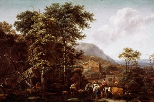 風景と動物。オランダの画家、ニコラエス・ベルケム（1620-1683）の絵 作： Nicolaes Pietersz. Berchem