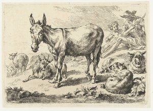 ロバ、羊、ヤギ、羊飼いのいる風景 動物（シリーズタイトル） 作： Nicolaes Pietersz Berchem