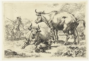 横たわって放尿する牛 動物（シリーズタイトル） 作： Nicolaes Pietersz Berchem