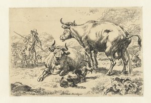 横たわって放尿する牛 動物（シリーズタイトル） 作： Nicolaes Pietersz Berchem
