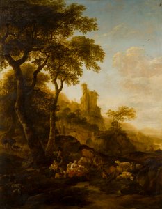 牧歌的な風景、c.1640-83（パネルに油彩） 作： Nicolaes Pietersz. Berchem