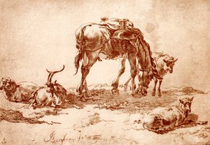 ロバ、ヤギ、ヒツジのいる牧草地