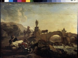 「小さな橋のあるイタリアの風景」 ニコラエス (クラエス) 作 ピーテルス ベルヘム エルダー (1620-1683) 1656 寸法 44.5x61 cm エルミタージュ美術館、サンクトペテルブルク 作： Nicolaes Pietersz. Berchem