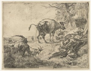 眠っている羊飼いの家族と休んでいる家畜 作： Nicolaes Pietersz Berchem