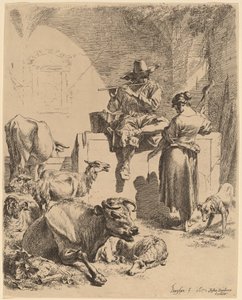 噴水に座る羊飼いと紡績工 作： Nicolaes Pietersz Berchem