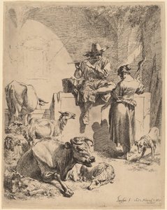 噴水に座る羊飼いと紡績工 作： Nicolaes Pietersz Berchem