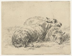 Twee ligende schapen シャーペン（シリーズタイトル） ニコライ・ベルヘムのスタジオとアート（シリーズタイトル）によって、強い空気で水中に生き生きと描かれた動物が印刷されました 作： Nicolaes Pietersz Berchem