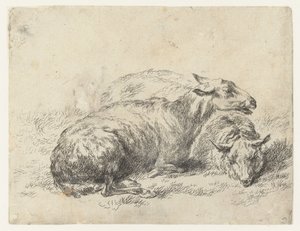 Twee Ligende Schapen ひつじ（シリーズタイトル） ニコライ・ベルケムのスタジオとアートによる生き生きとした動物と水でプリントされた強い空気感 (シリーズ タイトル) 作： Nicolaes Pietersz Berchem