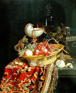 籠の中の果物とオウム貝のカップの静物画 作： Nicolaes Van Gelder