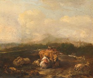 牛のいるイタリアの風景 作： Nicolaes Van Helt Stockade