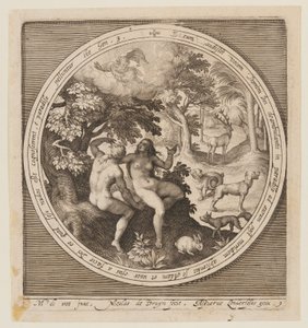 主から隠れるアダムとエバ、天地創造から楽園追放まで 作： Nicolaes de Bruyn