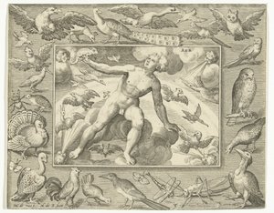 飛んでいる鳥の間の雲の上の若い男としての要素の空気 空気 (オブジェクトのタイトル) The Four Elements (シリーズタイトル) 作： Nicolaes de Bruyn