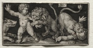 子供を襲うライオンズ、1594年。
