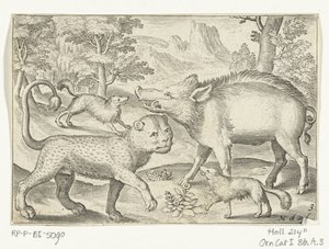 ヒョウ、イノシシ、犬 Animalivm qvadrvpedvm (シリーズタイトル) 風景の中の動物（シリーズタイトル） 作： Nicolaes de Bruyn