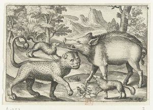 ヒョウ、イノシシ、2 匹の犬 Animalivm qvadrvpedvm (シリーズタイトル) 風景の中の動物（シリーズタイトル） 作： Nicolaes de Bruyn